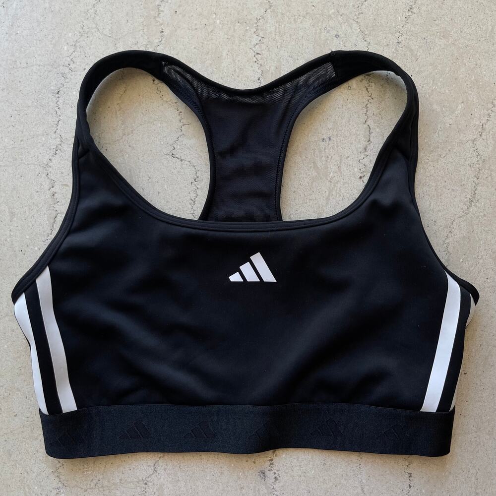 adidas — Logo Y Back Sports Bra Top Black White Running Gym — Women's Size Small
